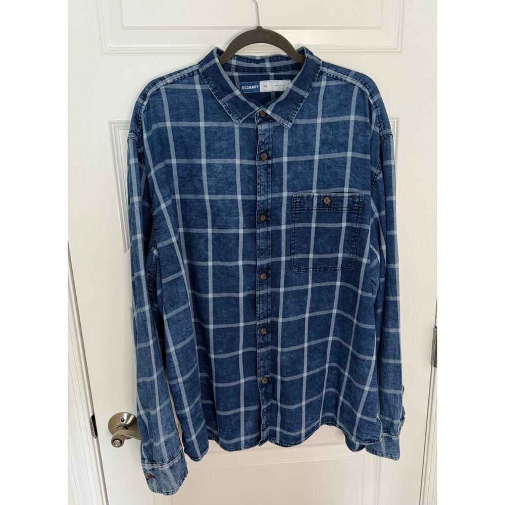 Old Navy Men’s Long Sleeve Brushed Twill Plaid Shirt Blue XL Regular Fit